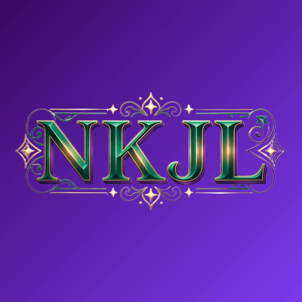Luxury colorful NKJL logo with bold serif typography in rich emerald, violet, and gold palette featuring elegant glowing ornaments on a transparent background, designed as a horizontal rectangular wordmark for a premium brand identity Luxury colorful NKJL logo with bold serif typography in rich emerald, violet, and gold palette featuring elegant glowing ornaments on a transparent background, designed as a horizontal rectangular wordmark for a premium brand identity