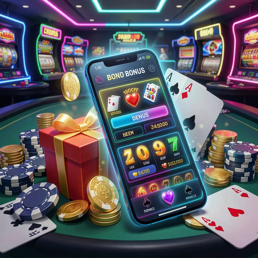 Modern casino website hero scene featuring a smartphone with a glowing interface surrounded by bonus gift box, chips, coins, and playing cards in a premium neon casino style by NKJL Modern casino website hero scene featuring a smartphone with a glowing interface surrounded by bonus gift box, chips, coins, and playing cards in a premium neon casino style by NKJL
